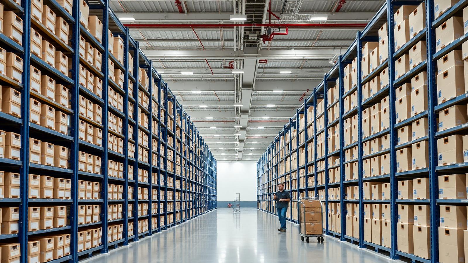 Deposito d'archivio con scaffalature metalliche e scatole etichettate