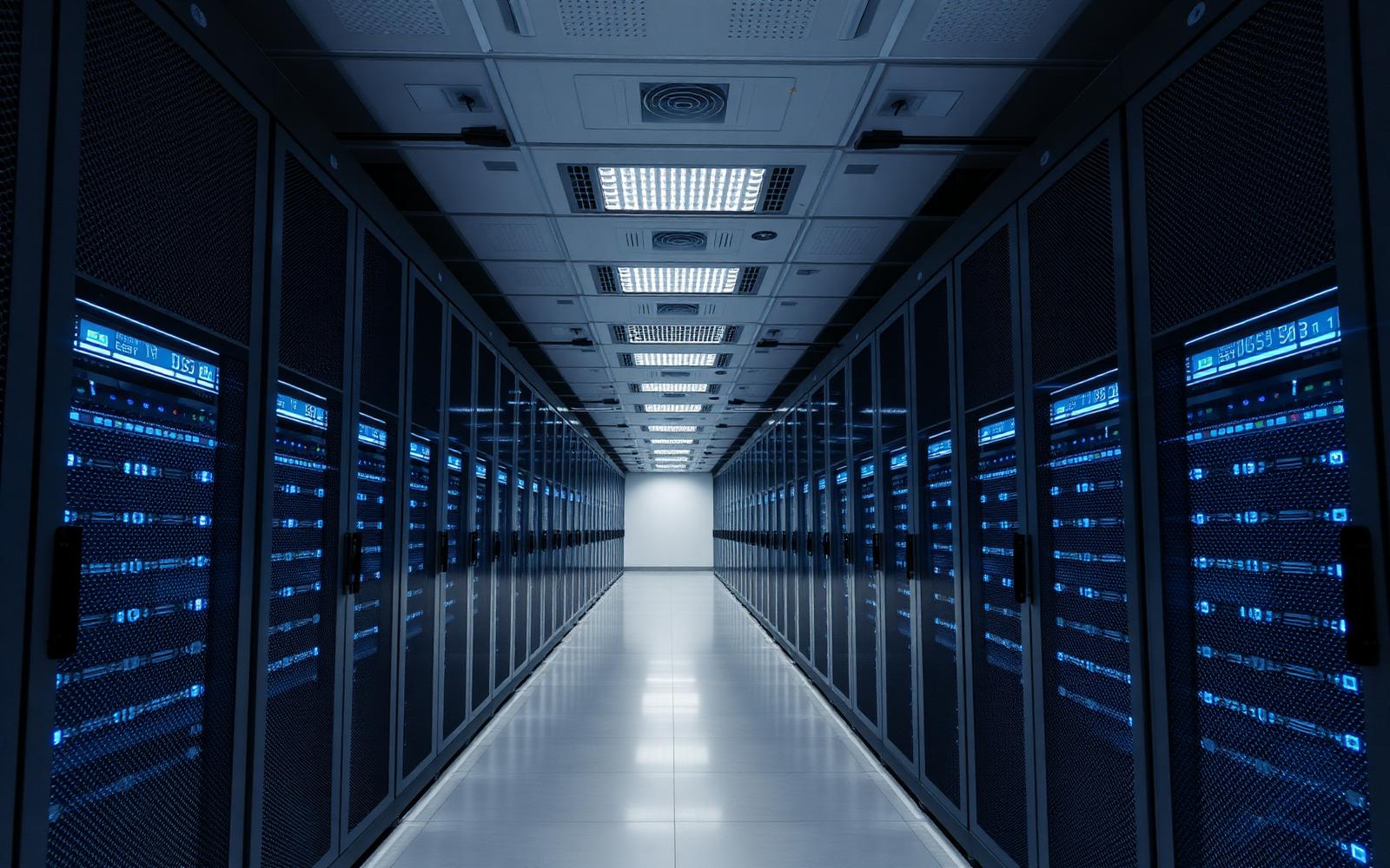 Corridoio di un data centre con armadi server e spie luminose