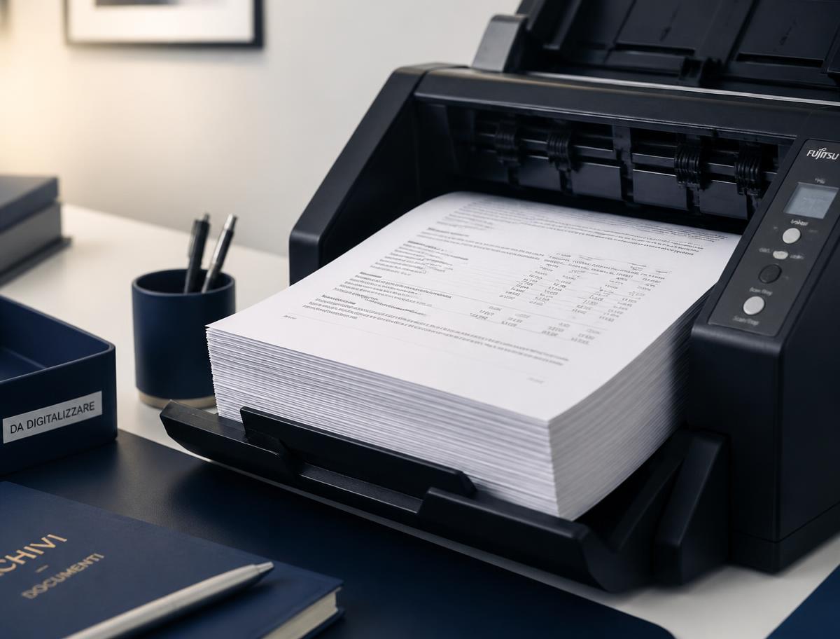 Scanner professionale in fase di digitalizzazione di documenti