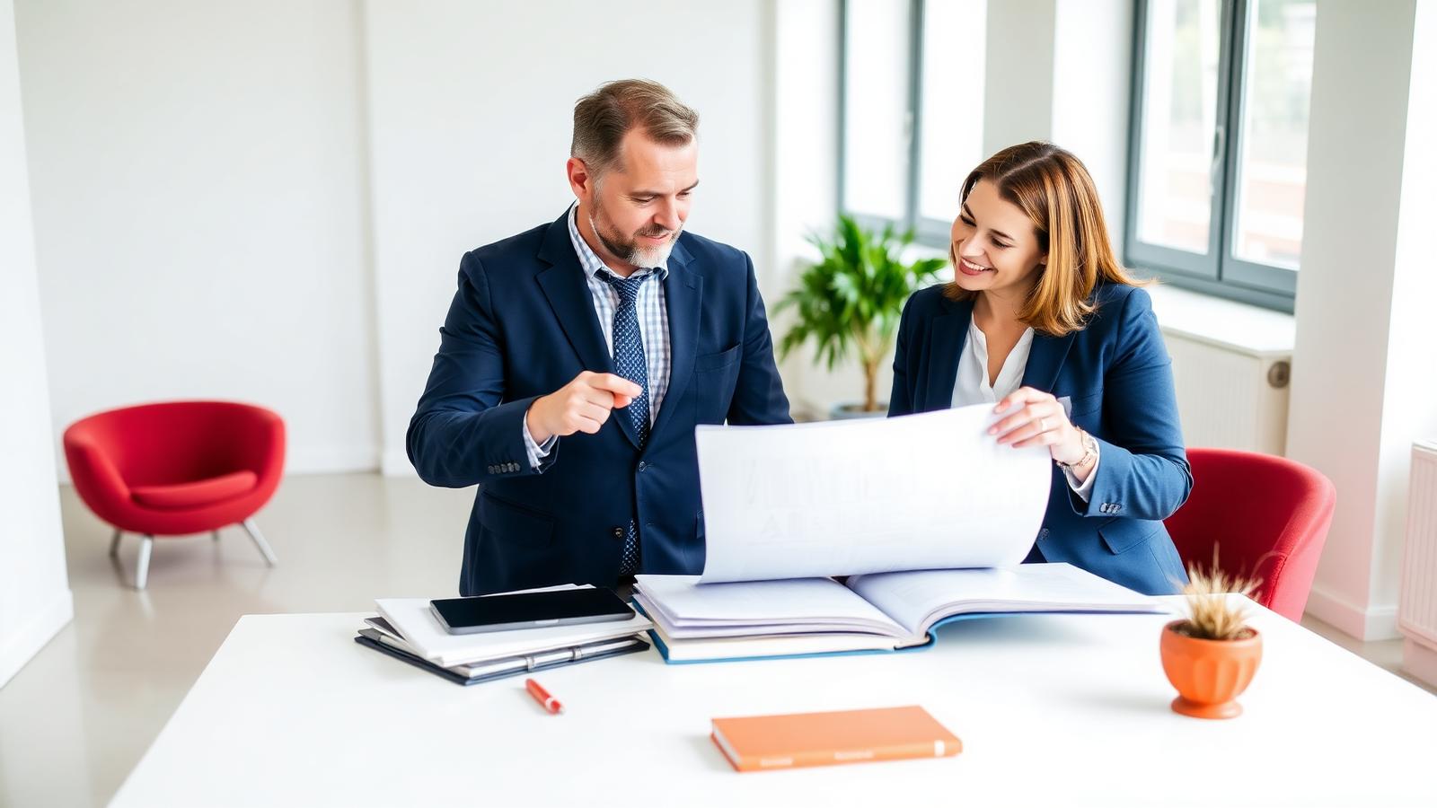 Consulente che risponde alle domande di un cliente in un ufficio ordinato