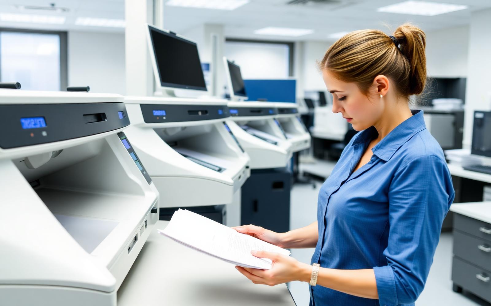 Operatrice al lavoro con scanner professionali in un laboratorio di digitalizzazione