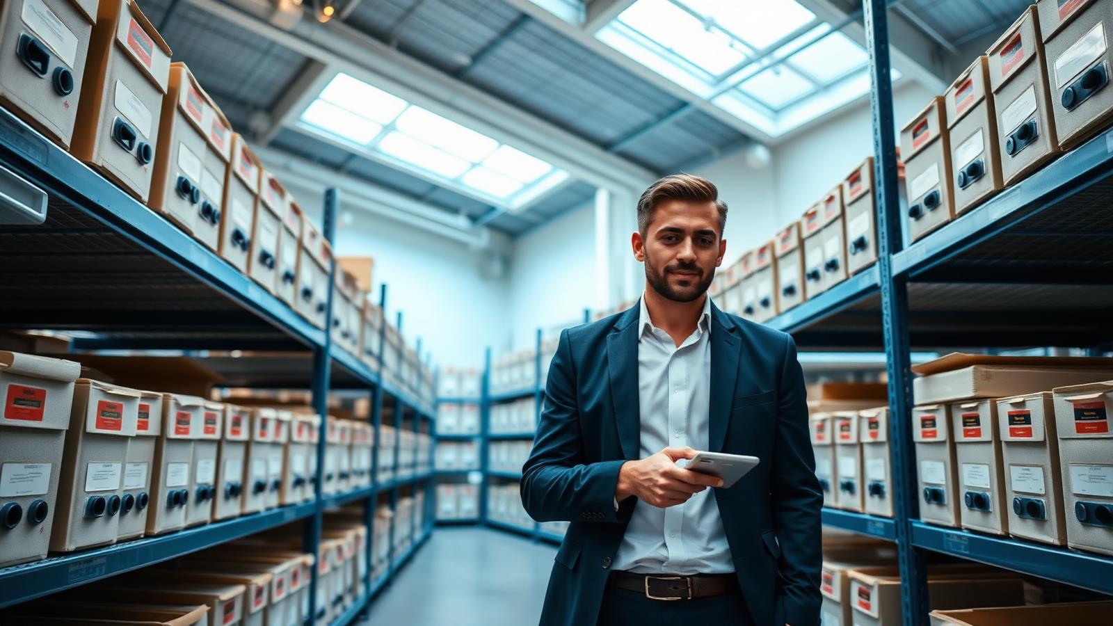 Deposito d'archivio professionale con scaffalature e scatole etichettate