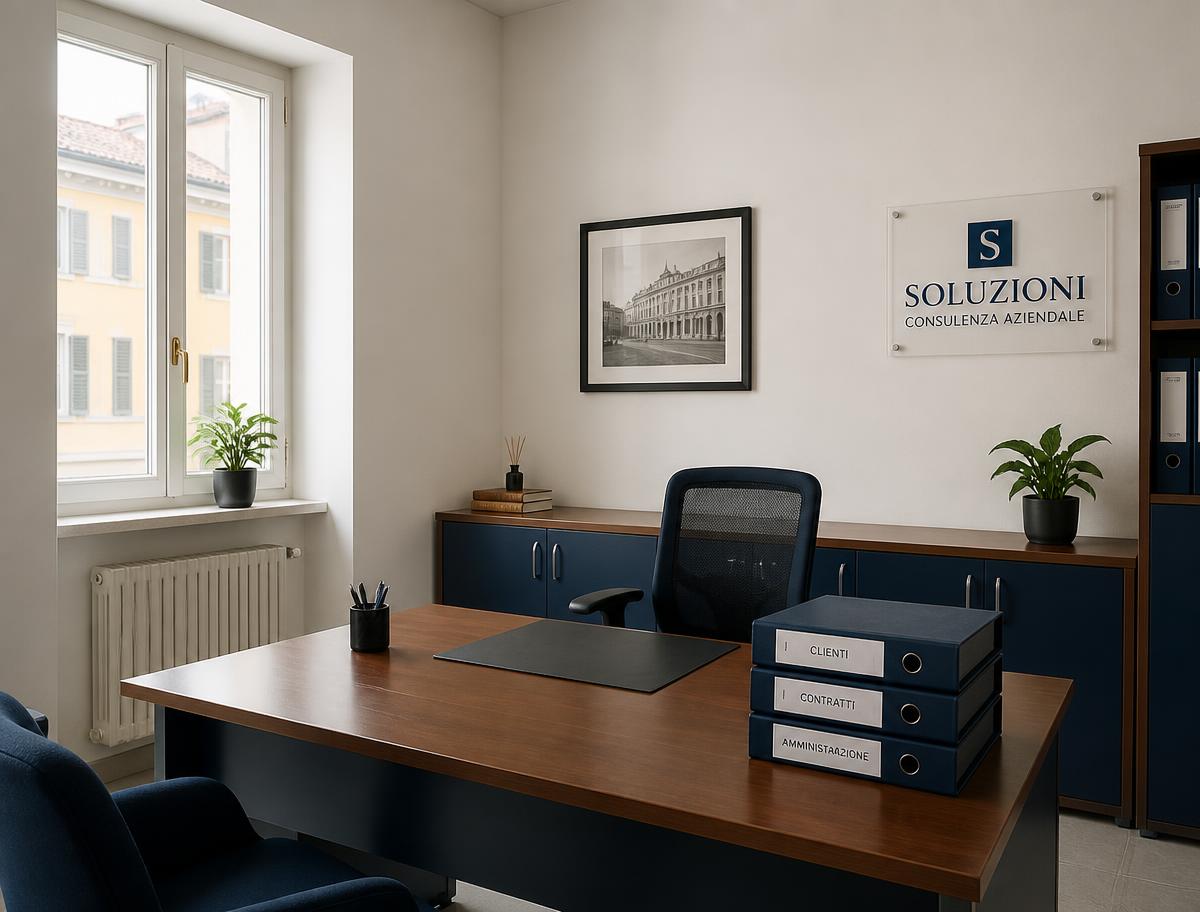 Interno di un ufficio ordinato con faldoni etichettati