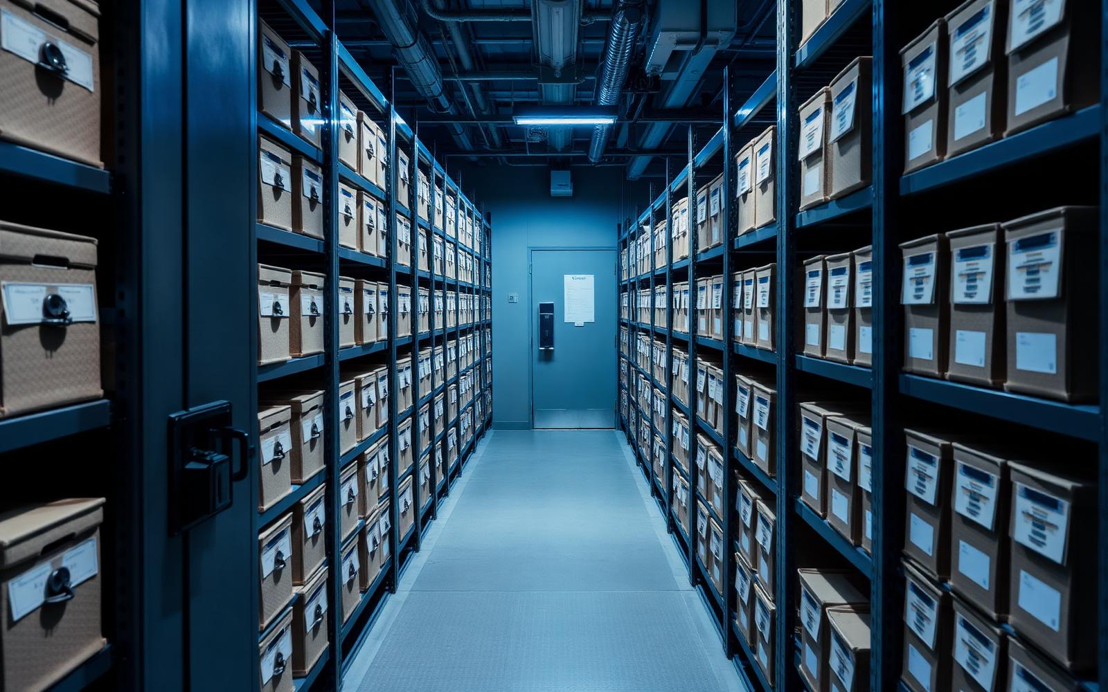 Corridoio di un deposito d'archivio con scaffalature metalliche e scatole etichettate